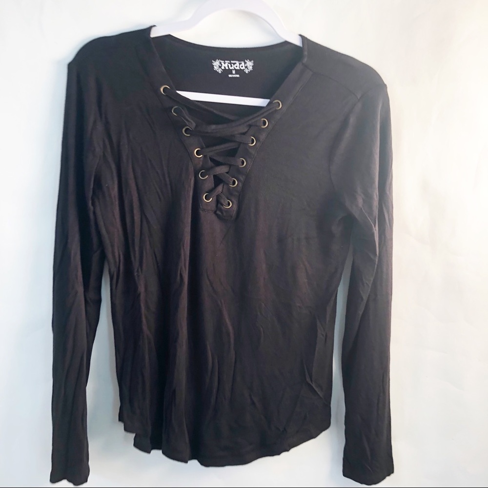 Mudd black lace up detail top